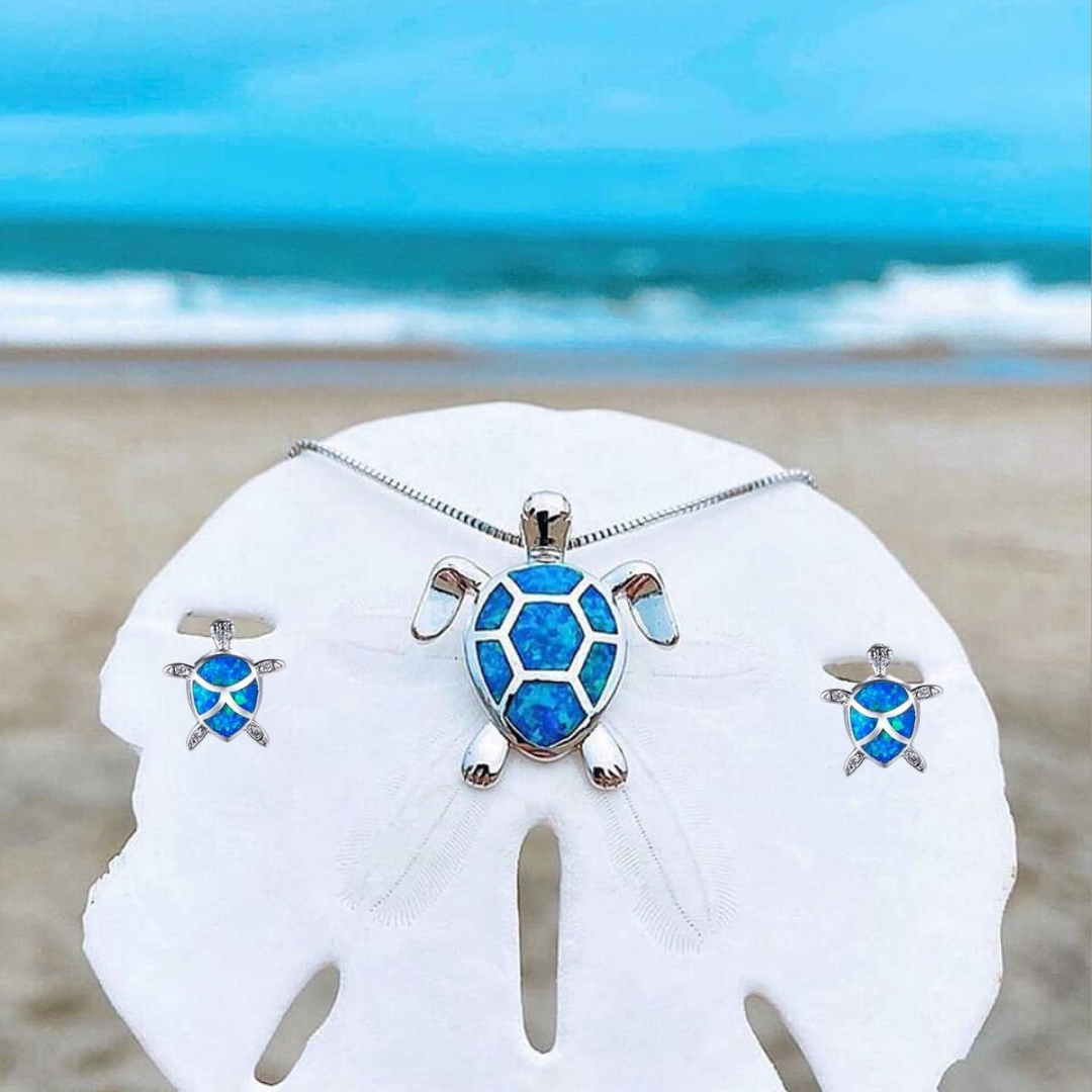 NAIAE - Ensemble en collier et boucles d'oreilles avec tortue de mer en argent et opale