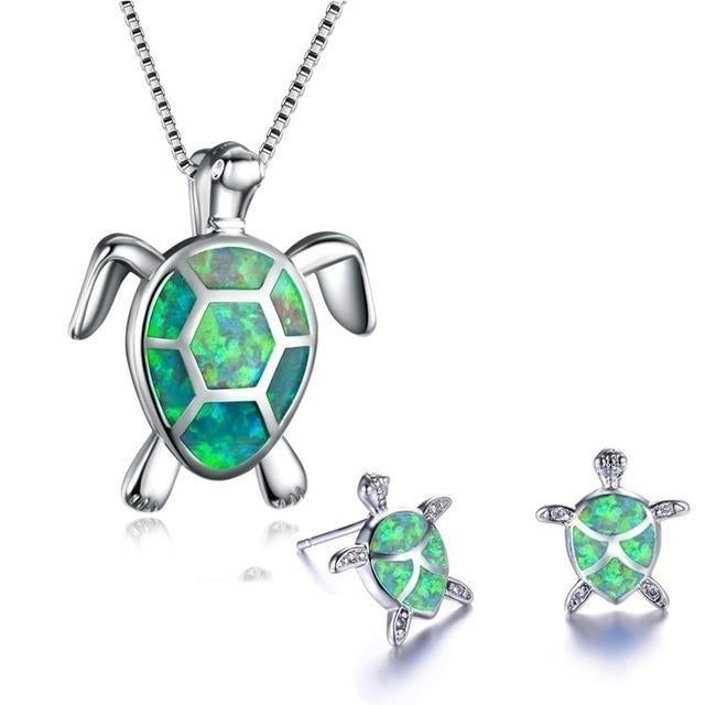 NAIAE - Ensemble en collier et boucles d'oreilles avec tortue de mer en argent et opale