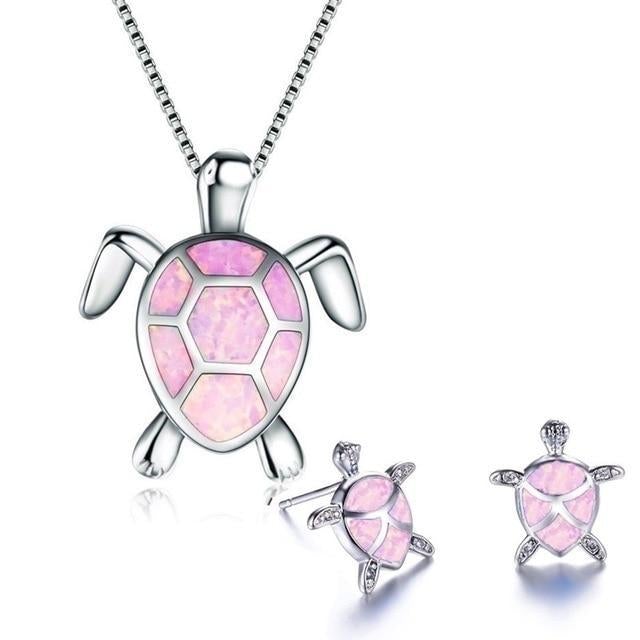 NAIAE - Ensemble en collier et boucles d'oreilles avec tortue de mer en argent et opale