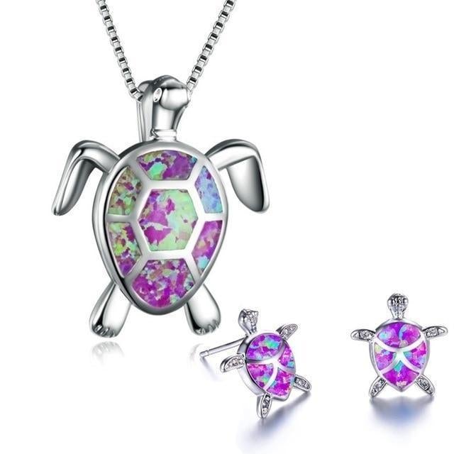 NAIAE - Ensemble en collier et boucles d'oreilles avec tortue de mer en argent et opale