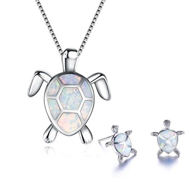 NAIAE - Ensemble en collier et boucles d'oreilles avec tortue de mer en argent et opale