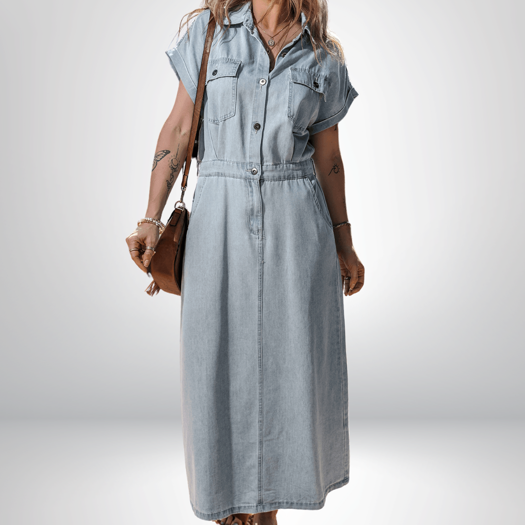 Sofia® | Robe en Jean Élégante avec Manches Courtes en Chauve-Souris