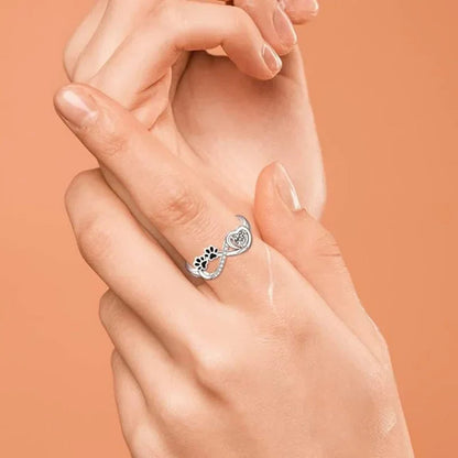 Bague en Argent 925 avec Cœur en Zircone et Symboles de Pattes et d'Infini - Arina