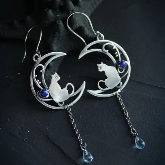 Boucles d'oreilles boho en argent avec de la zircone bleue - Mino