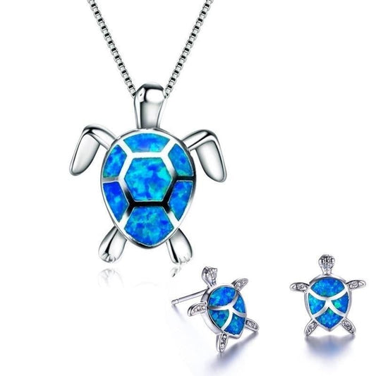 NAIAE - Ensemble en collier et boucles d'oreilles avec tortue de mer en argent et opale